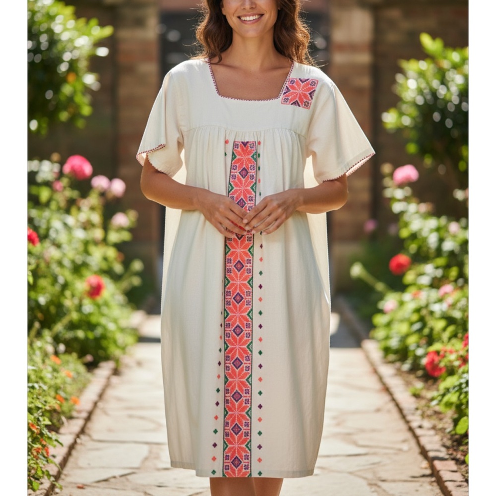 Hand Embroidered Cream Dress with geometric Design